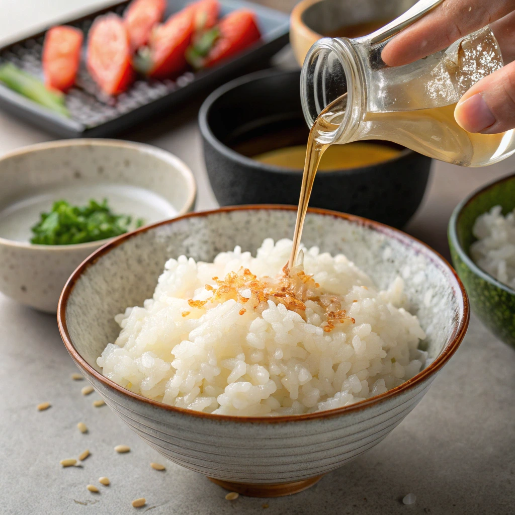 A hand pouring rice vinegar mixture into a bowl of freshly cooked short-grain sushi rice, gently mixing to enhance flavor.