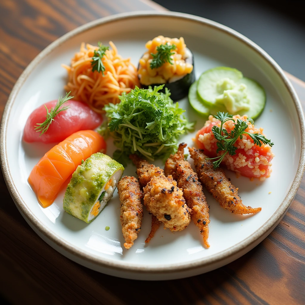 A beautifully plated dish featuring Shiso in sushi, salads, and tempura, showcasing the herb’s versatility.