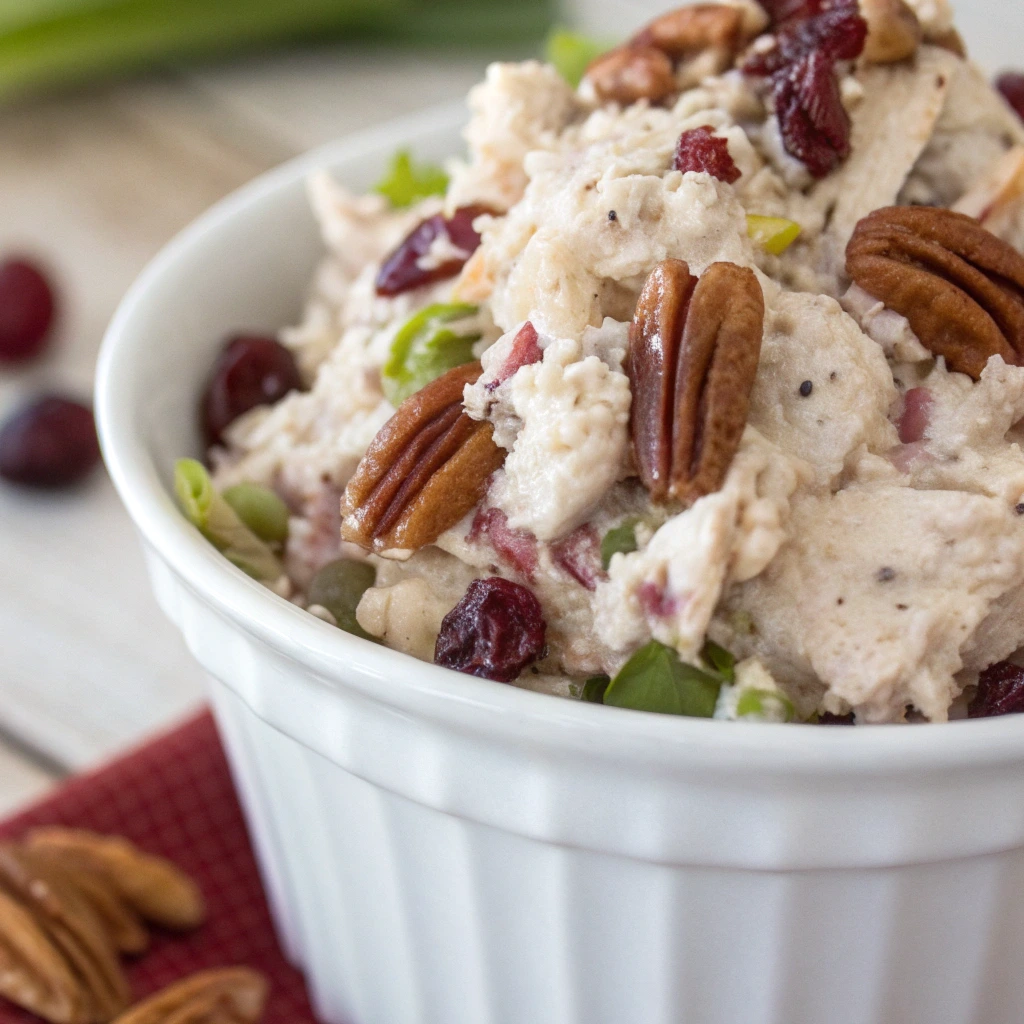 A close-up of creamy Cranberry Kelli chicken salad with shredded chicken, cranberries, pecans, and celery in a white bowl.