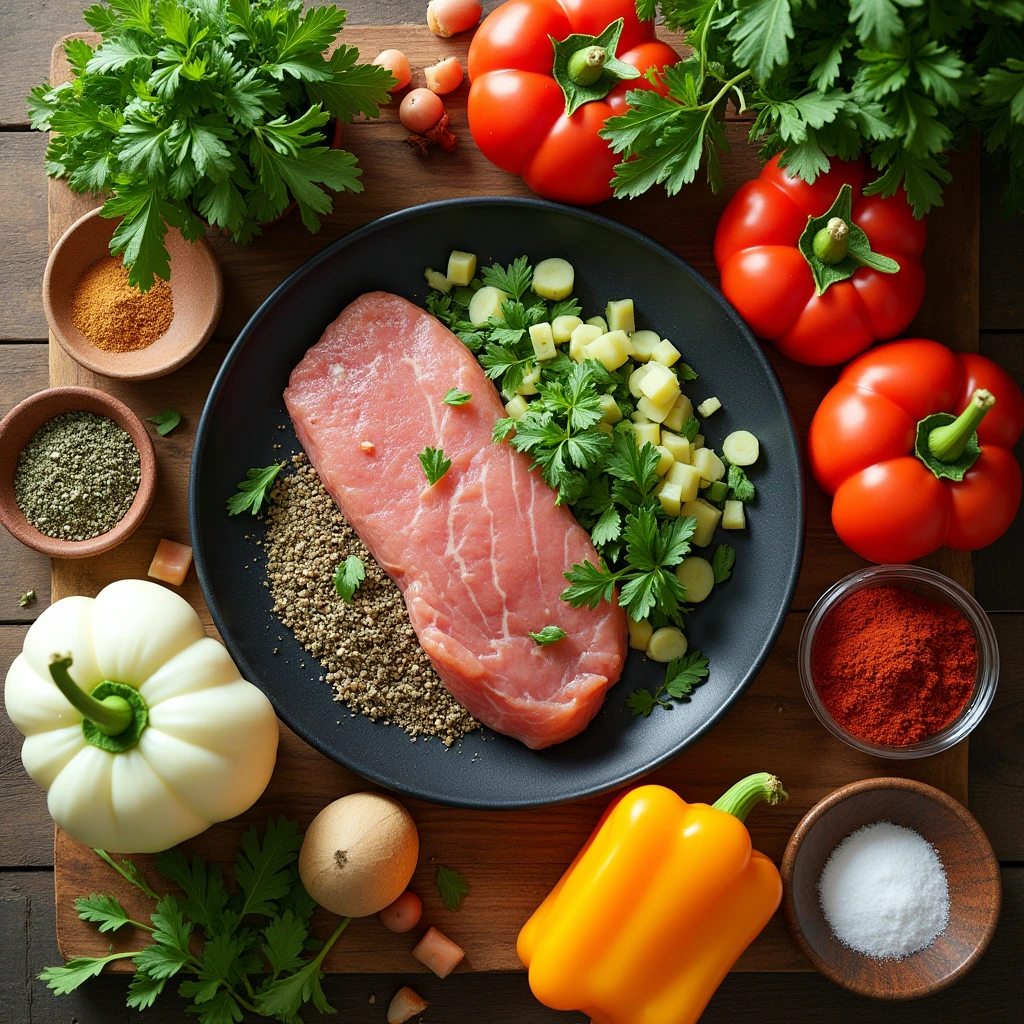 A vibrant flat lay of fresh ingredients including vegetables, herbs, and proteins laid out on a rustic kitchen counter.