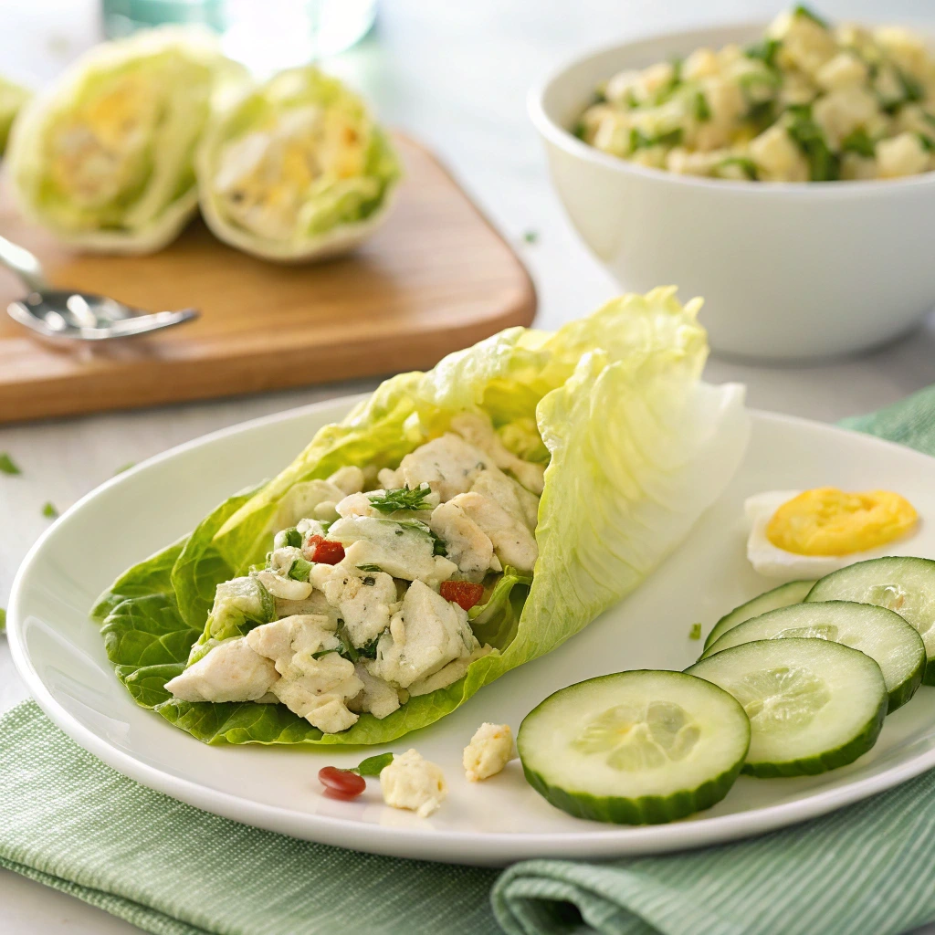 A low-carb meal at Chicken Salad Chick featuring a lettuce wrap filled with chicken salad, cucumber slices, and egg salad."