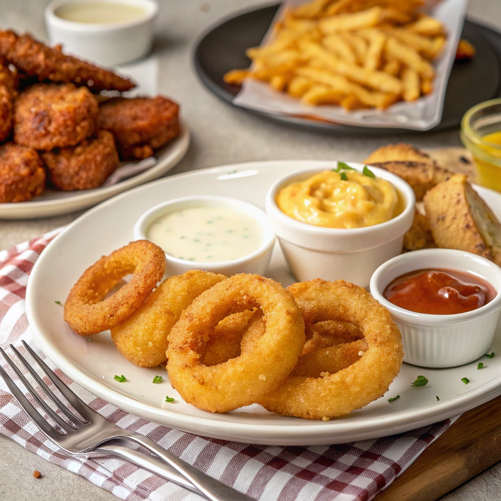 A platter of crispy signature wings with various flavorful sauces like buffalo, garlic parmesan, and sweet Thai chili, served with dipping sauces.