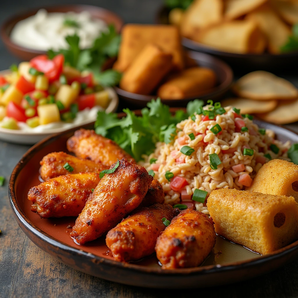 "A festive tray of fun party snacks like nachos, cheese quesadillas, popcorn mix, and mini corn dogs, served beside sizzling chicken wings."