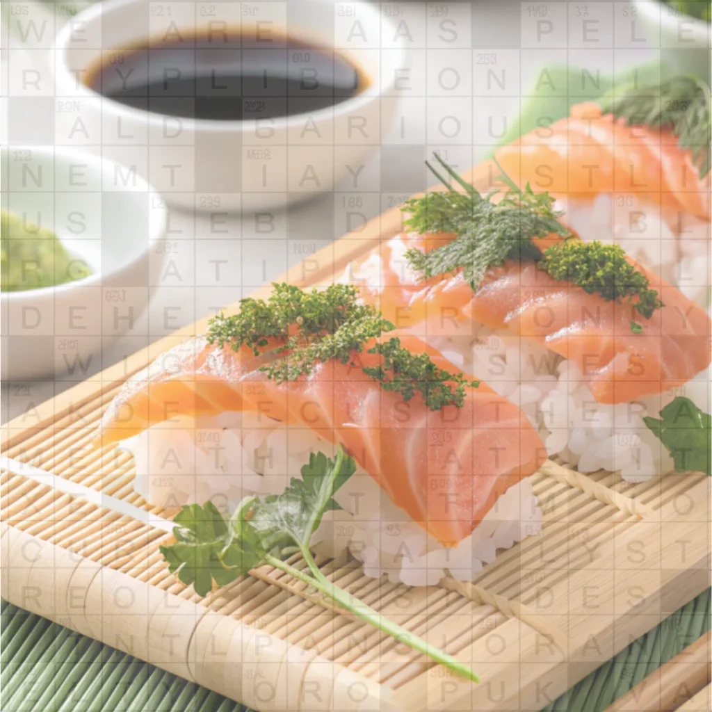 A New York Times-style crossword puzzle with salmon-related answers like Lox, Nova, and Sushi. The puzzle grid features a salmon-themed background.