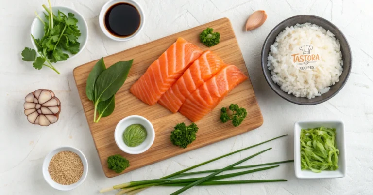 Salmon Herb Nigiri Ingredients .A beautifully arranged wooden sushi board featuring sushi-grade salmon slices, seasoned sushi rice, fresh herbs like shiso, cilantro, chives, and dill, along with small dishes of soy sauce, wasabi, and pickled ginger.