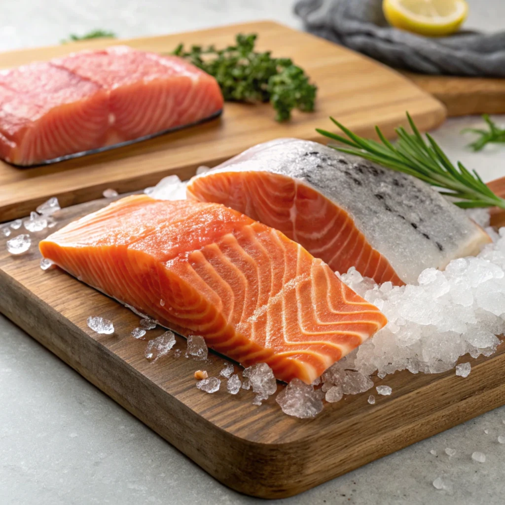 A wooden cutting board with sushi-grade King, Sockeye, and Atlantic salmon fillets, displayed on ice for freshness.