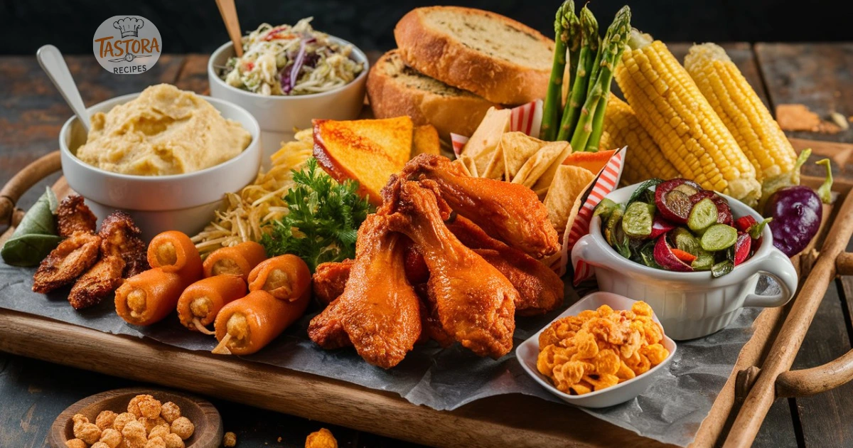 "A rustic wooden tray filled with a variety of side dishes for chicken wings, including garlic bread, mac and cheese, potato wedges, coleslaw, and a garden salad, alongside a few spicy buffalo wings."