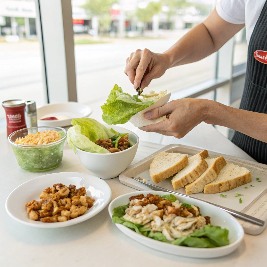 "A person customizing their low-carb meal at Chicken Salad Chick, choosing lettuce wraps and fresh sides."