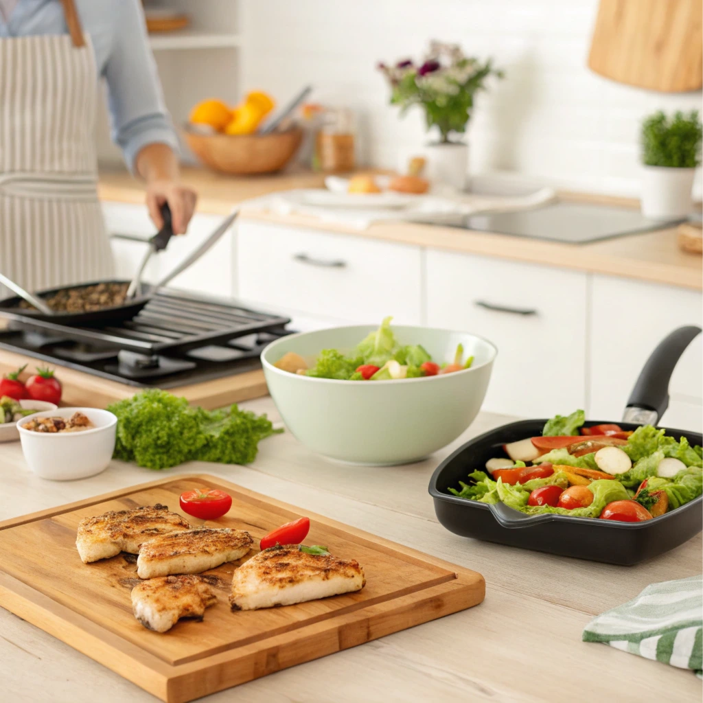 A home kitchen scene showing grilled chicken being sliced, vegetables being chopped, and salad being assembled in a bowl.