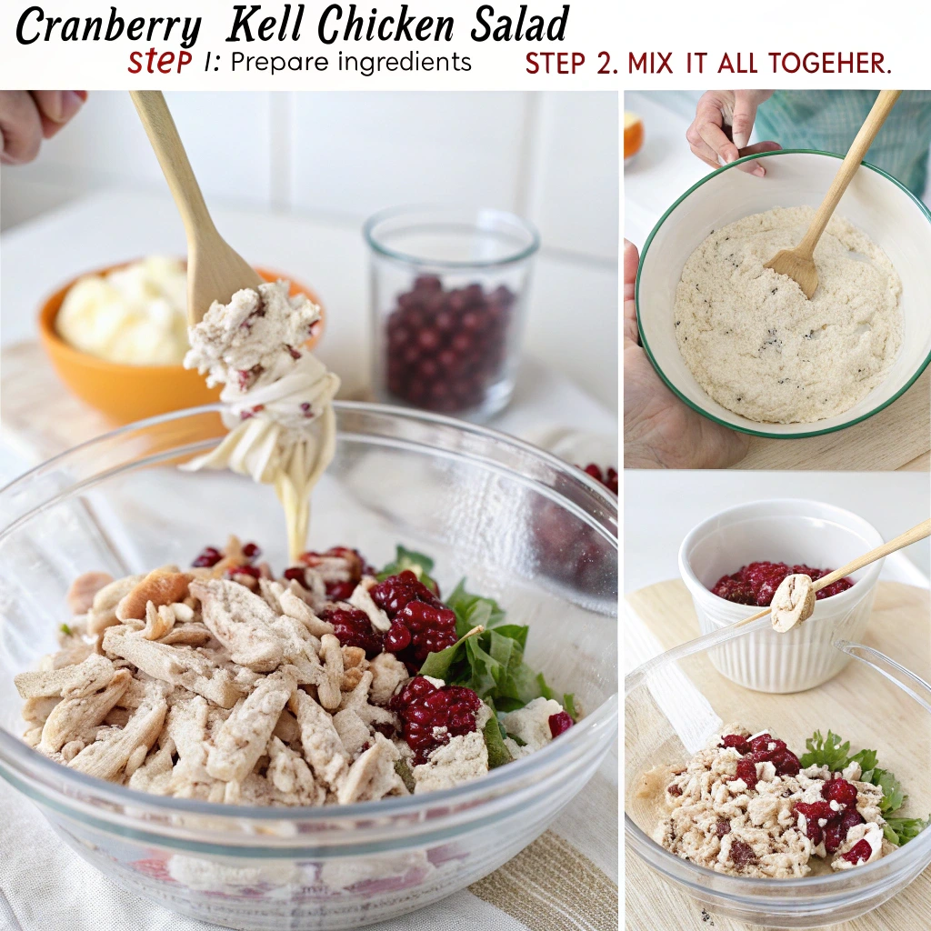 Four sequential images showing steps to prepare the salad: shredding chicken, mixing ingredients, adding dressing, and serving the finished dish.