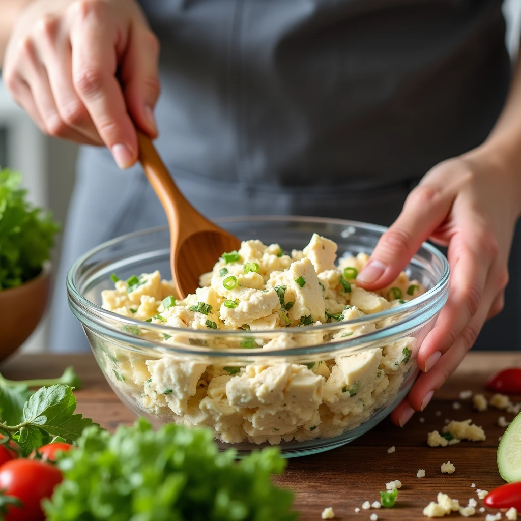 A visual representation of the recipe process showing chopping, mixing, cooking, and plating the dish.