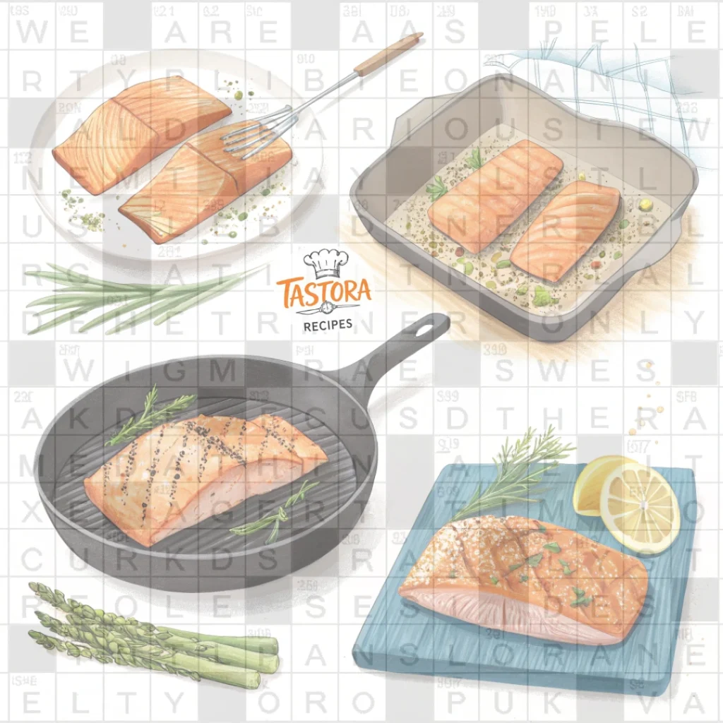 A perfectly cooked salmon fillet on a plate with garnishes like herbs and lemon, with visual tips for cooking the perfect salmon, such as temperature control.