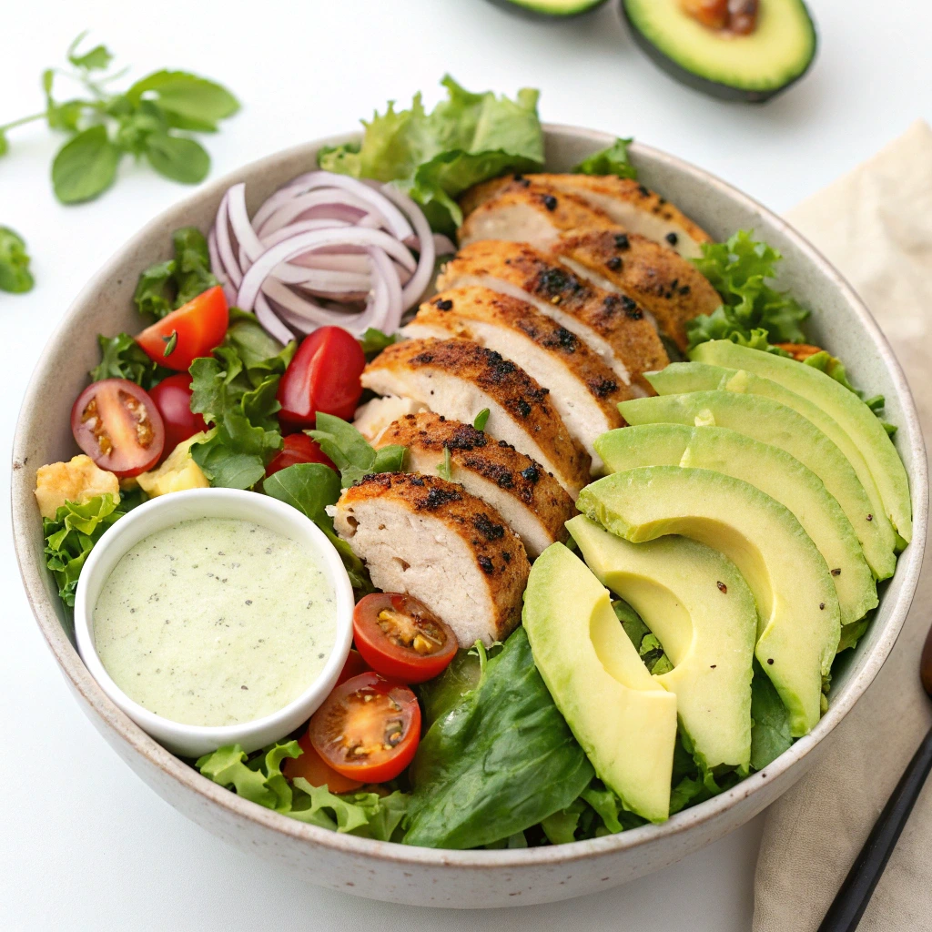 "A colorful low-carb chicken salad with grilled chicken, avocado, lettuce, and a light dressing."