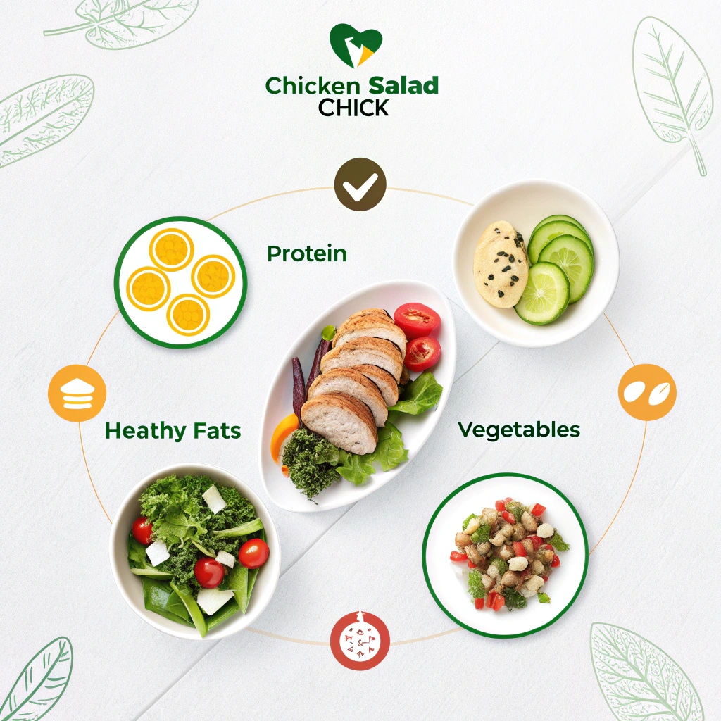 "Low-carb nutrition guide showcasing healthy ingredients like protein, healthy fats, and vegetables at Chicken Salad Chick."