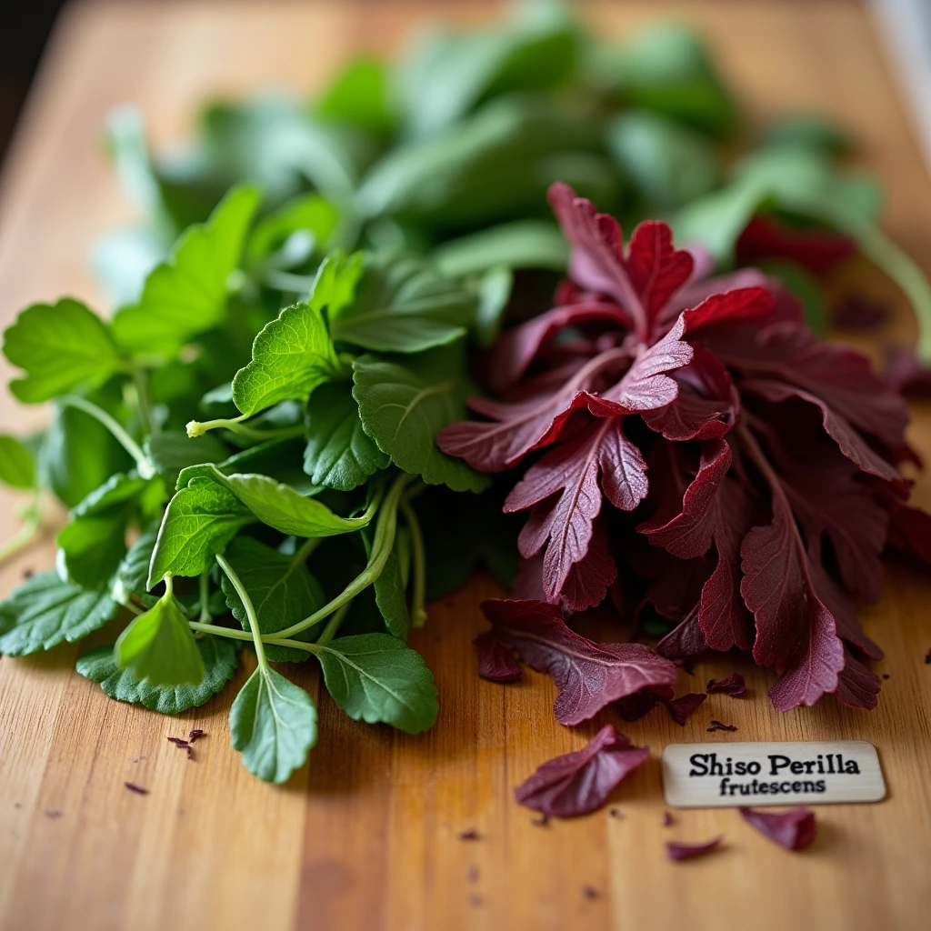 A close-up of fresh green and red Shiso leaves on a wooden cutting board, highlighting their unique textures and vibrant colors.