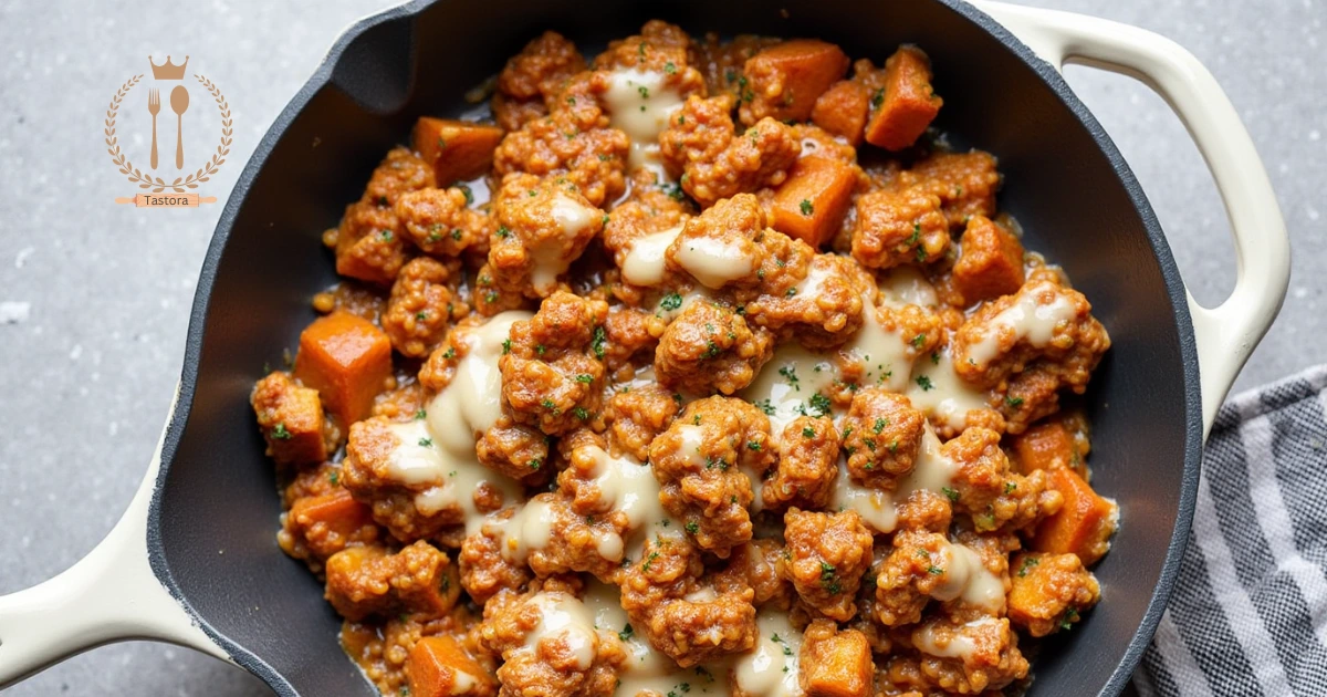A healthy ground turkey and sweet potato recipes skillet served on a rustic wooden table, garnished with fresh herbs and surrounded by colorful vegetables.